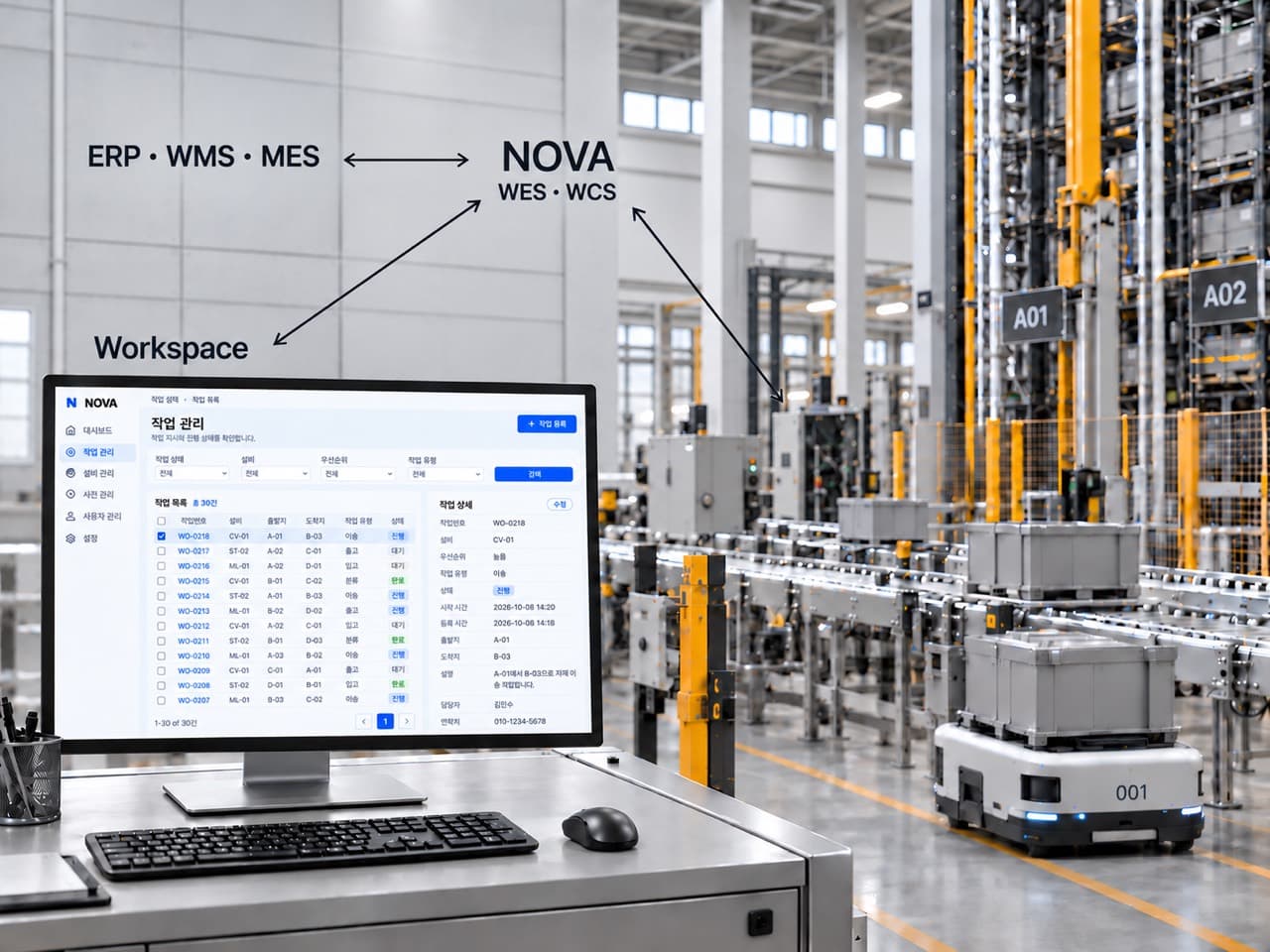 ERP·WMS·MES와 Workspace, 자동화 설비가 NOVA WES·WCS에 양방향으로 연결되고 현장 모니터에 작업 관리 화면이 표시된 구성 예시