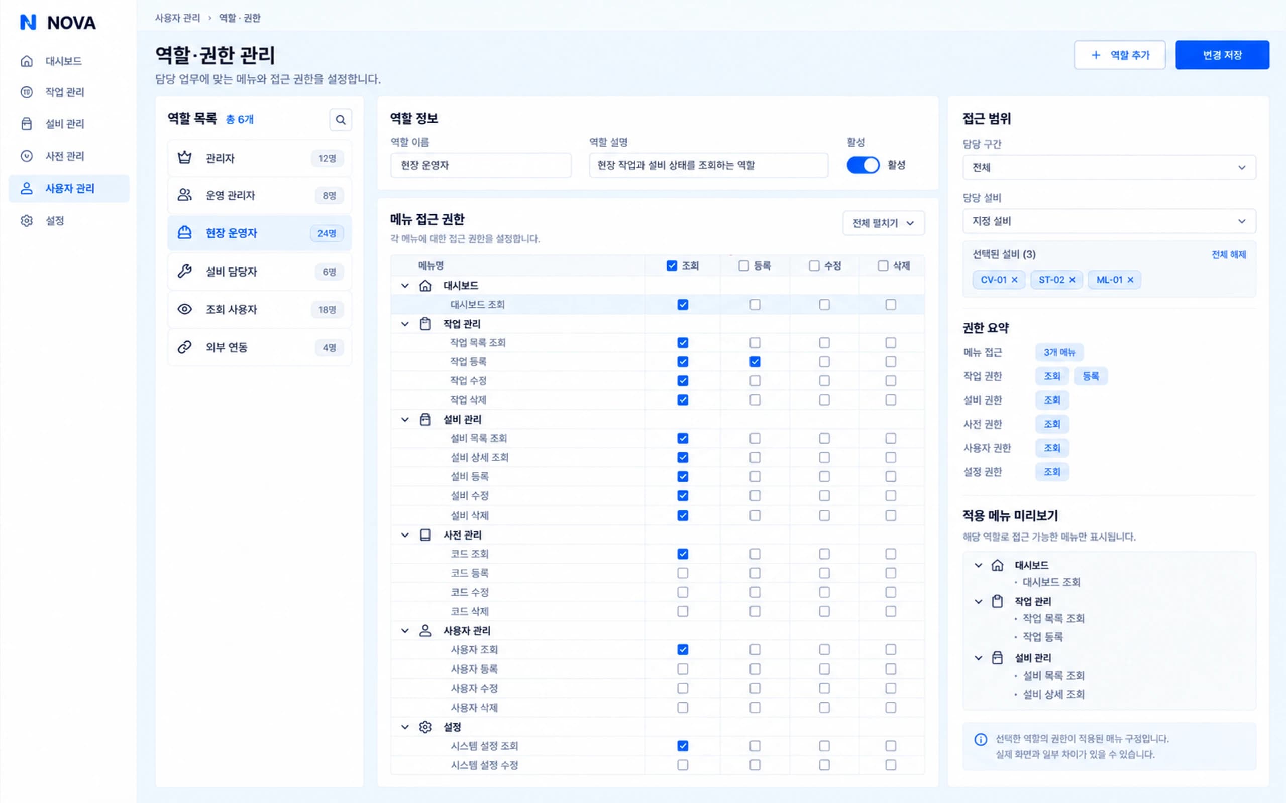 역할 목록, 메뉴별 권한 체크박스, 설비·구간 접근 범위와 적용 메뉴 미리보기를 보여주는 NOVA Workspace 역할·권한 관리 샘플 화면
